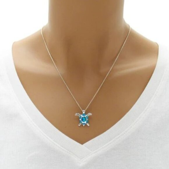 BEAUTIFUL STERLING SILVER SEA TURTLE SLIDE PENDANT WITH CREATED BLUE OPAL - Picture 2 of 2